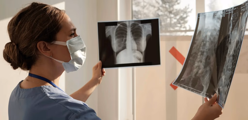 Nurse in mask reviews chest and spine x-rays.