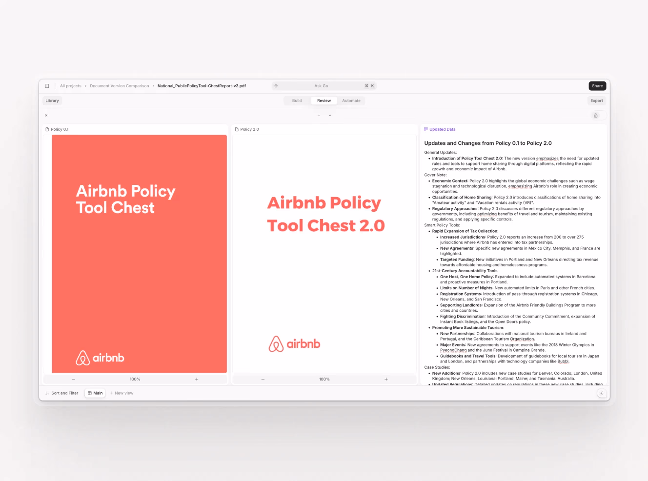 Airbnb Policy Tool Chest comparison interface displaying updates from Policy 0.1 to Policy 2.0 with highlighted changes.