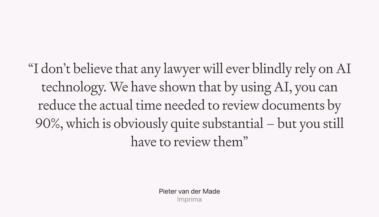 A quote by Pieter van der Made emphasizing AI's ability to reduce document review time by 90% while maintaining human oversight.
