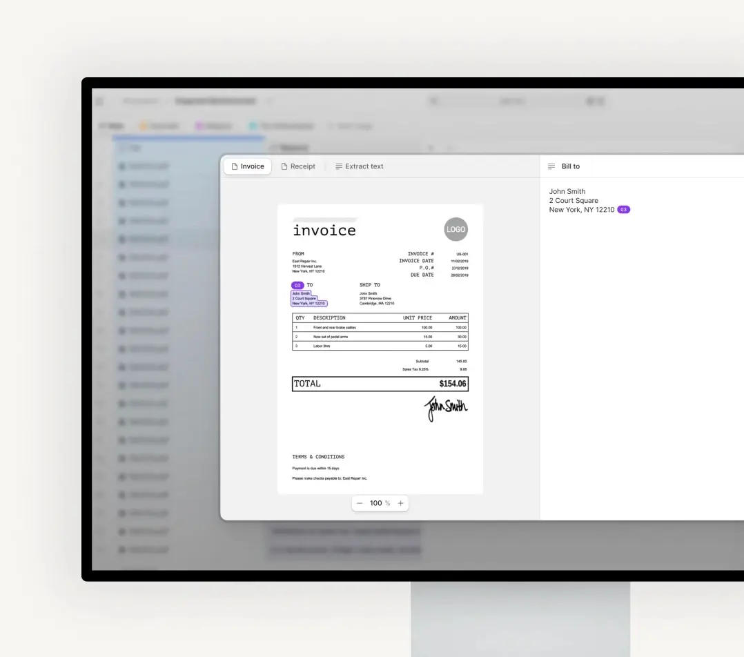 Digital invoice with items, prices, and total amount.