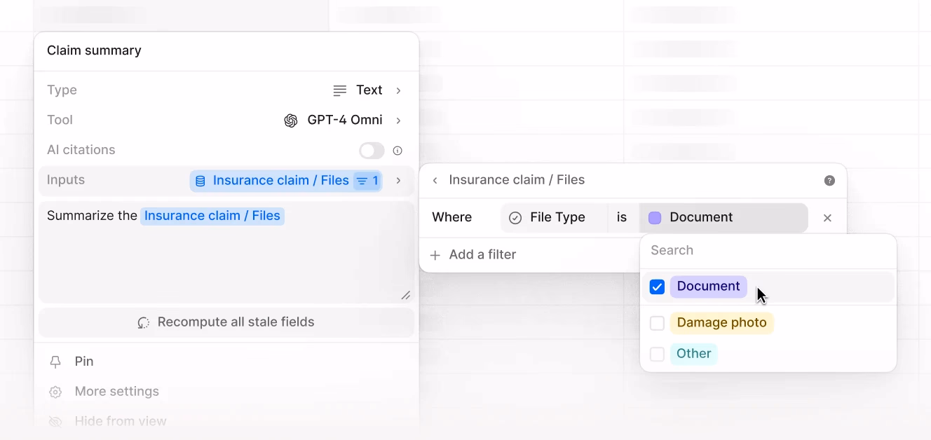 A user interface showing a claim summary configuration panel with GPT-4 Omni as the selected tool and insurance claim file filtering options, allowing selection between documents, damage photos, or other file types.
