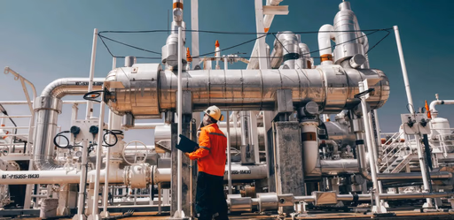 Worker inspecting industrial pipe system.</blockquote>