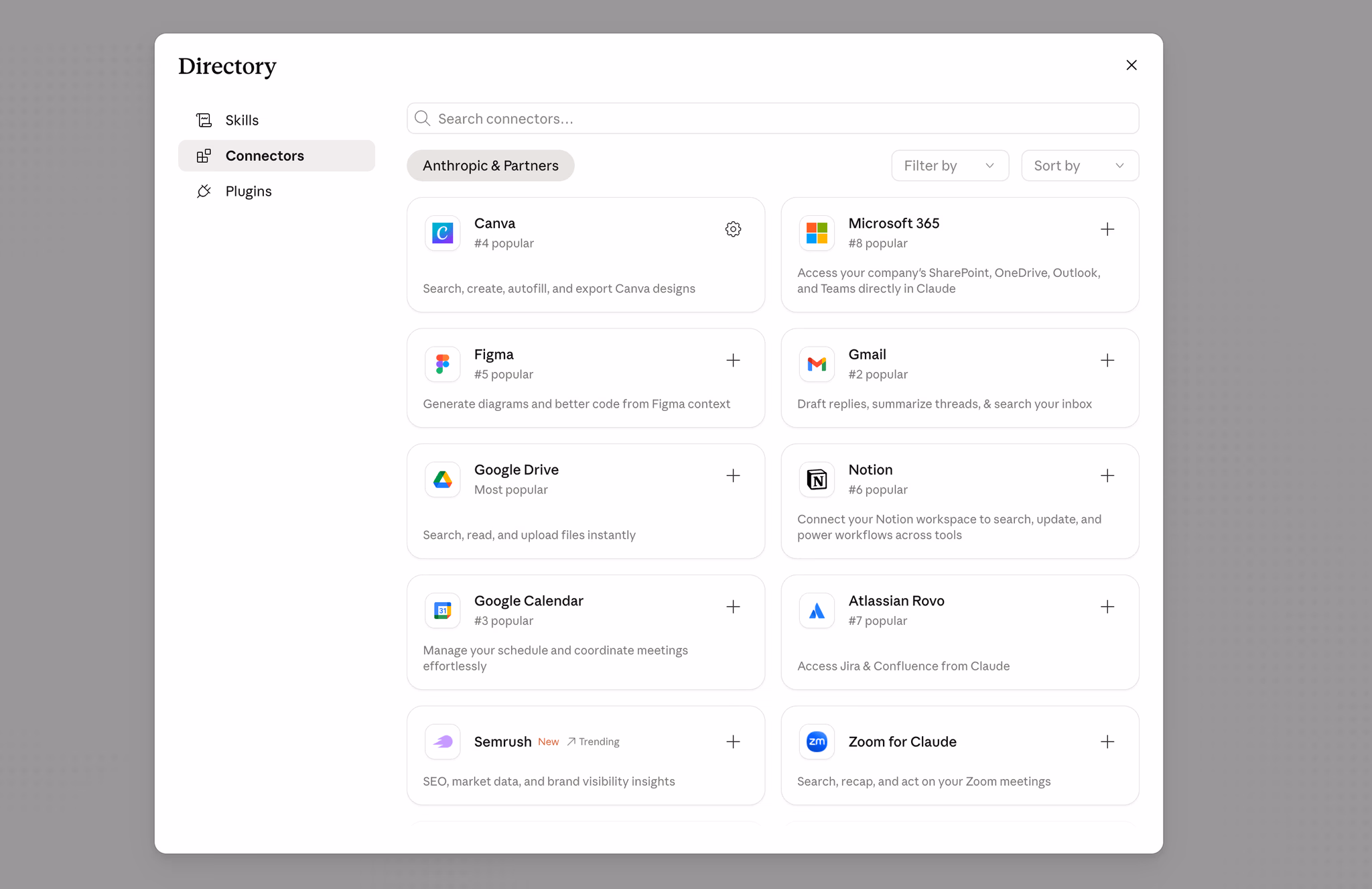 The MCP connectors directory in Claude, showing available integrations including Google Drive, Gmail, Google Calendar, Canva, Figma, Notion, and more.