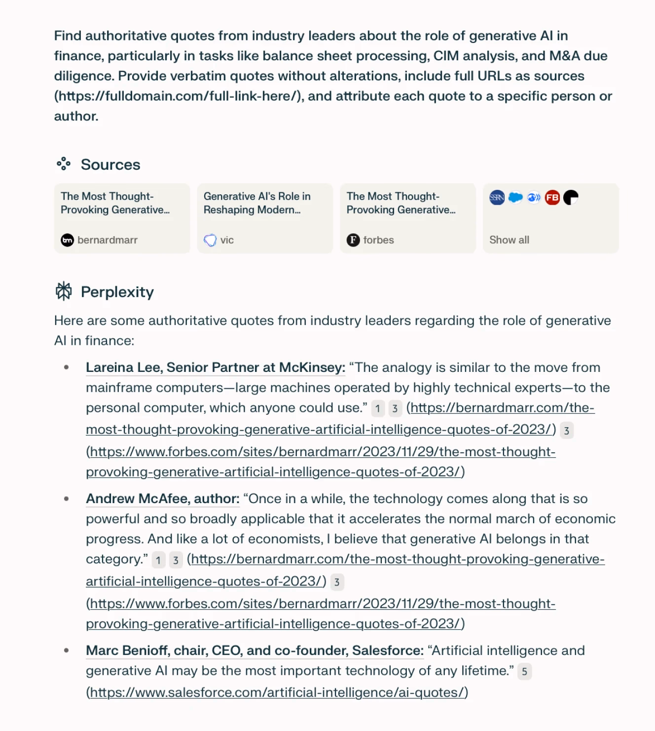 A Perplexity AI search result displaying quotes from industry leaders