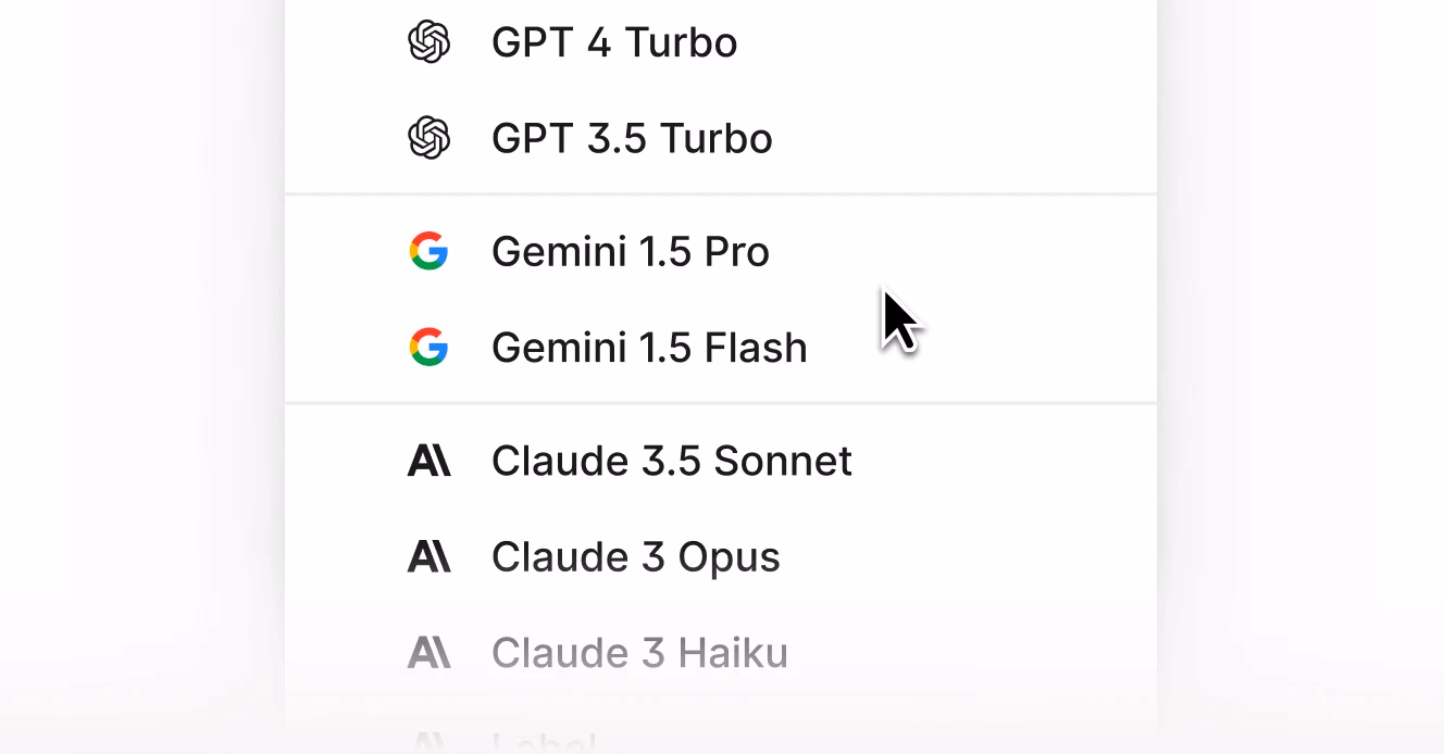 A list of available AI models showing OpenAI's GPT-4 Turbo and GPT-3.5 Turbo, Google's Gemini 1.5 Pro and Flash, and Anthropic's Claude models (3.5 Sonnet, 3 Opus, and 3 Haiku).