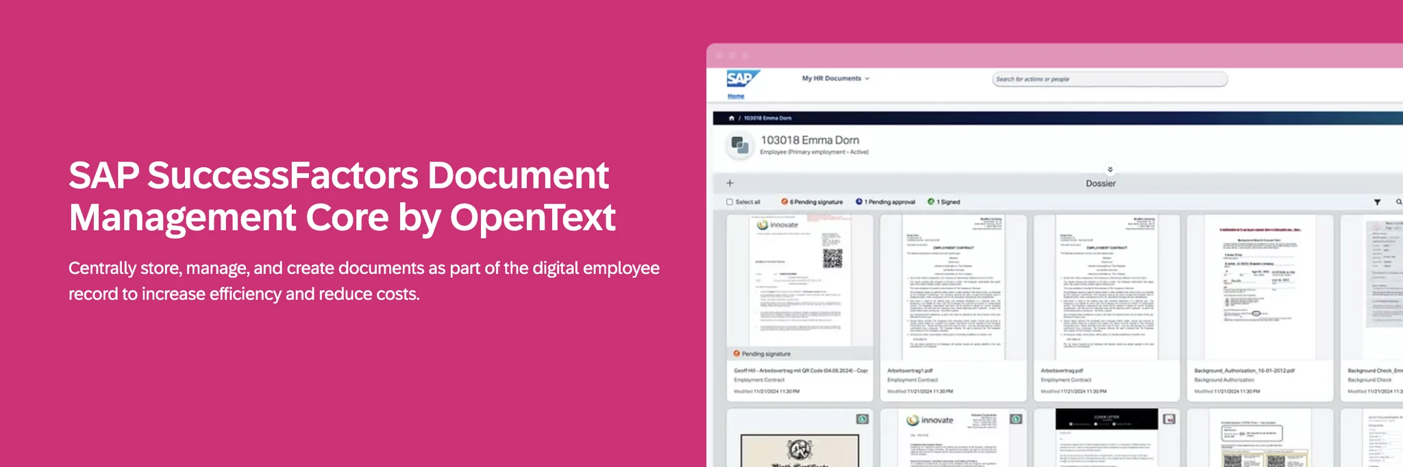 A UI mockup of the SAP document dossier panel displaying multiple employee documents in a grid layout.