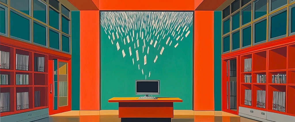 Desk and computer against a green wall with falling papers.