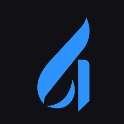 Blue and white stylized logo on black background