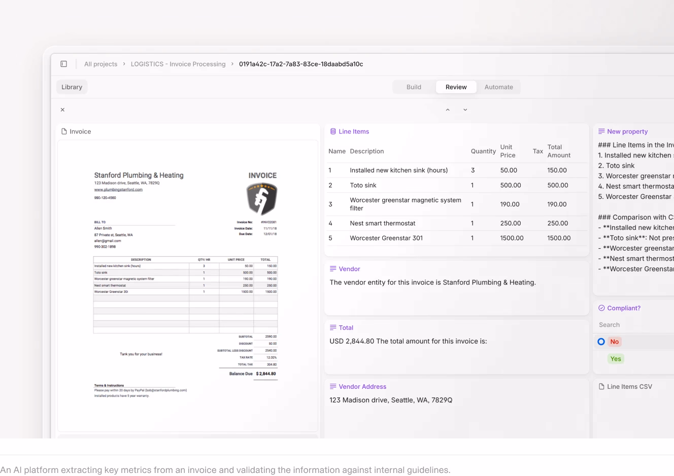 AI system extracting line items, vendor details, and totals from an invoice with automated validation