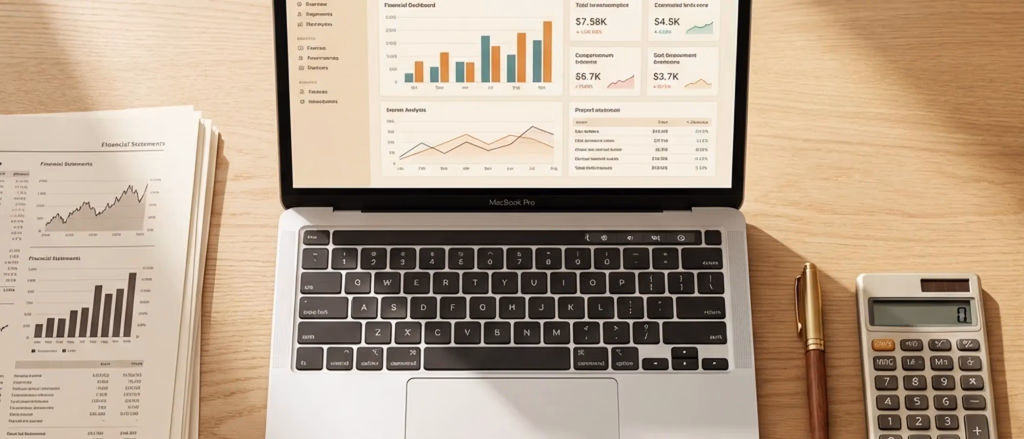 Laptop with financial dashboards, papers, pen, calculator