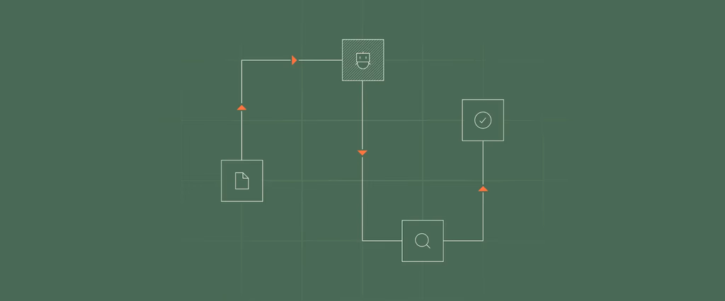 Flowchart with person, document, search, and checkmark icons.