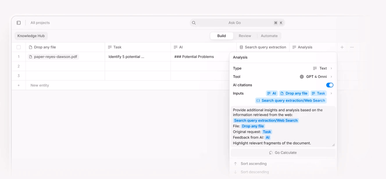A screenshot of an AI-powered analysis tool within the "Knowledge Hub" interface. It shows a document named "paper-reyes-dawson.pdf" with a task to identify five potential problems. The right panel lists AI analysis options, including web search extraction, file uploads, and task feedback, processed using GPT-4 Omni.