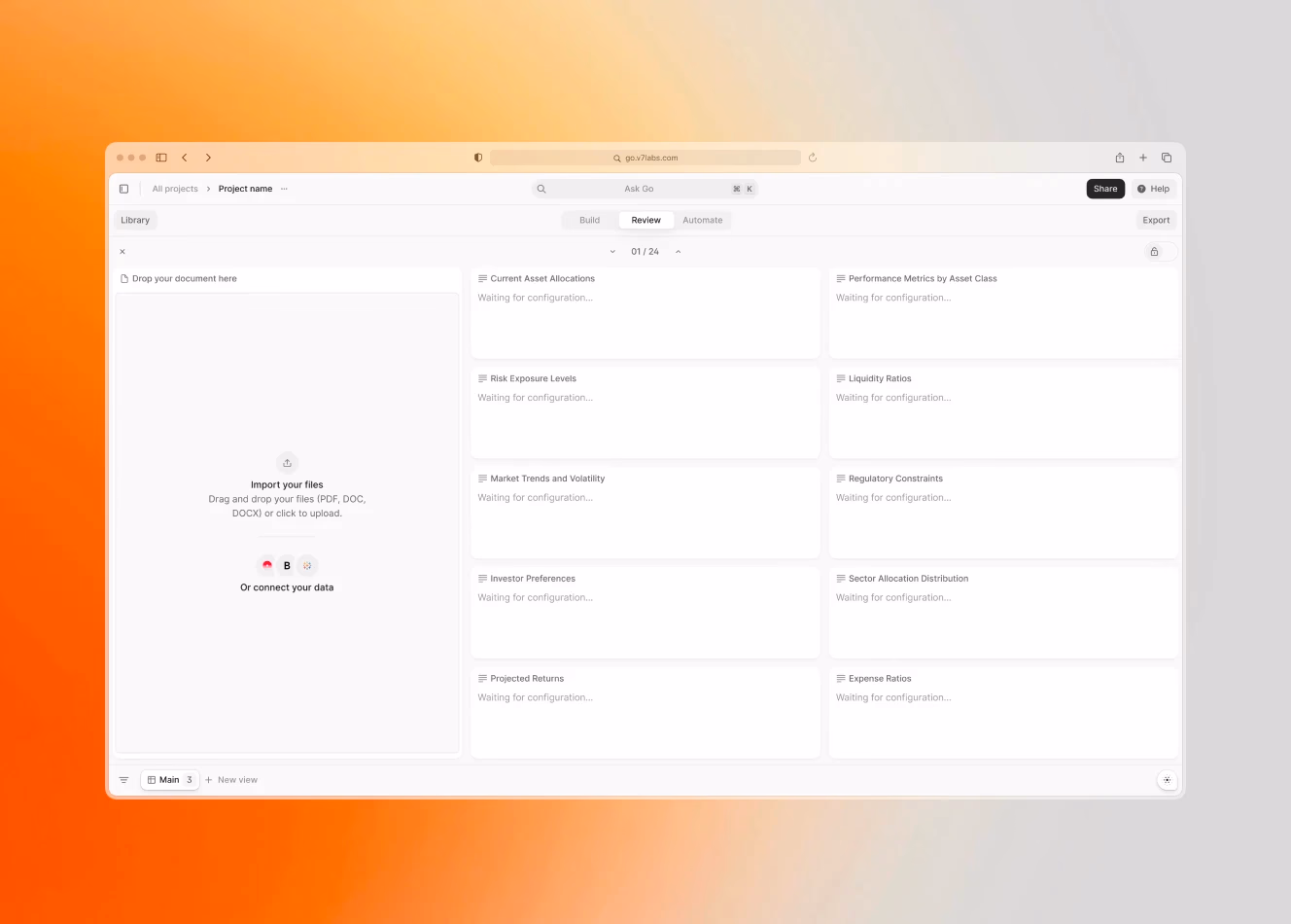 A document upload interface with options for analyzing financial metrics such as asset allocations and regulatory constraints.