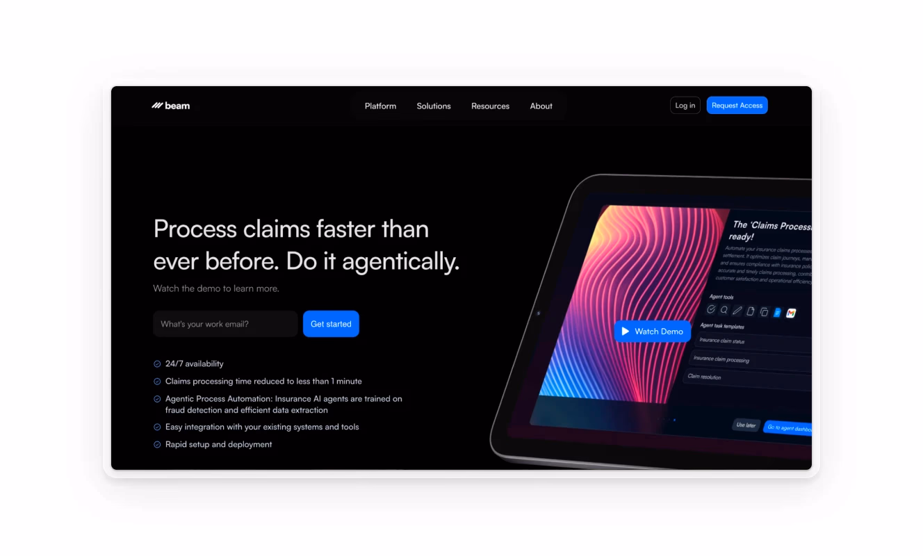 Beam AI homepage highlighting claims processing efficiency with a dark theme and vibrant graphic on a tablet display.