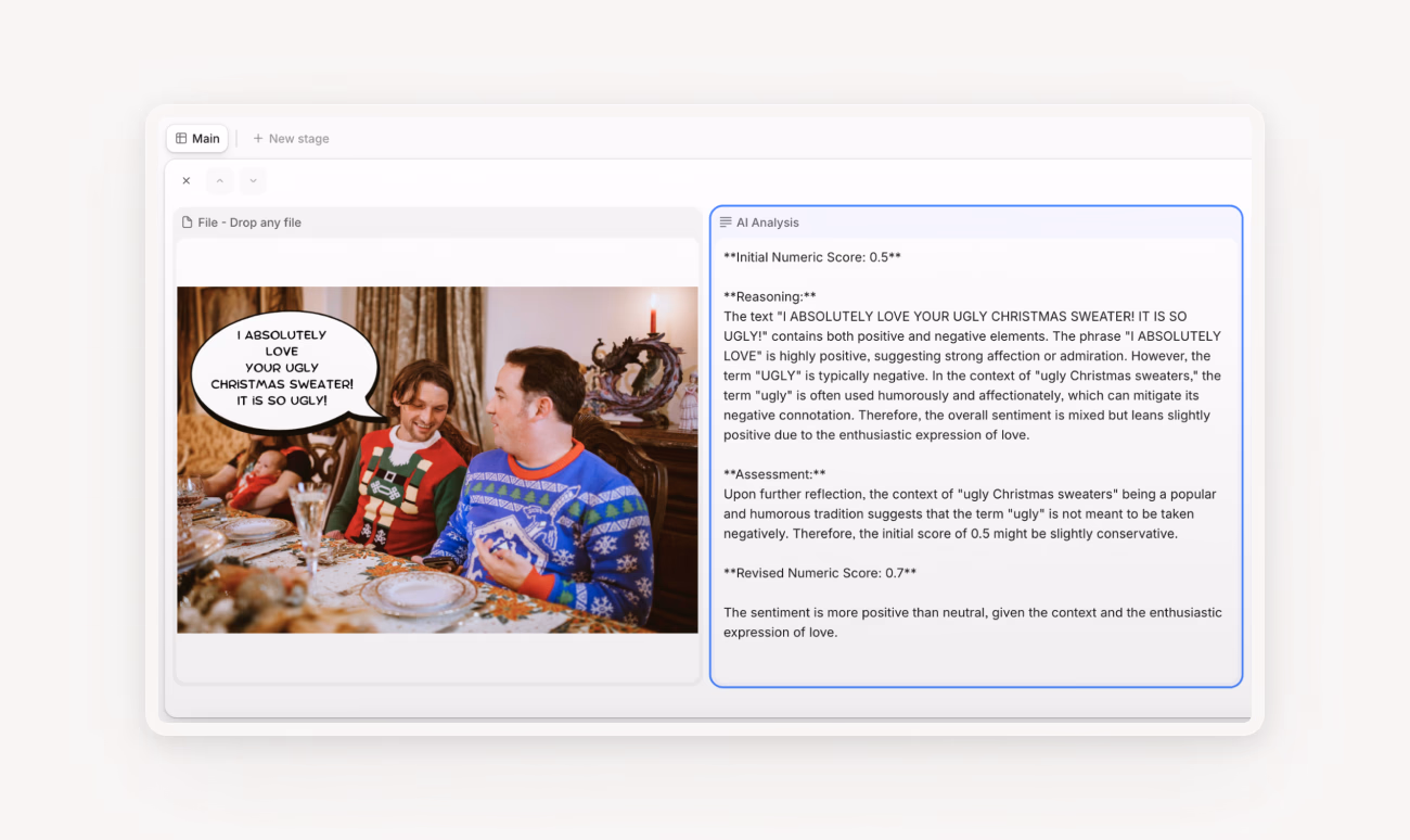AI sentiment analysis of a humorous Christmas sweater comment, scoring 0.7, with analysis explaining mixed positive and negative sentiment due to the affectionate use of the word 'ugly.'