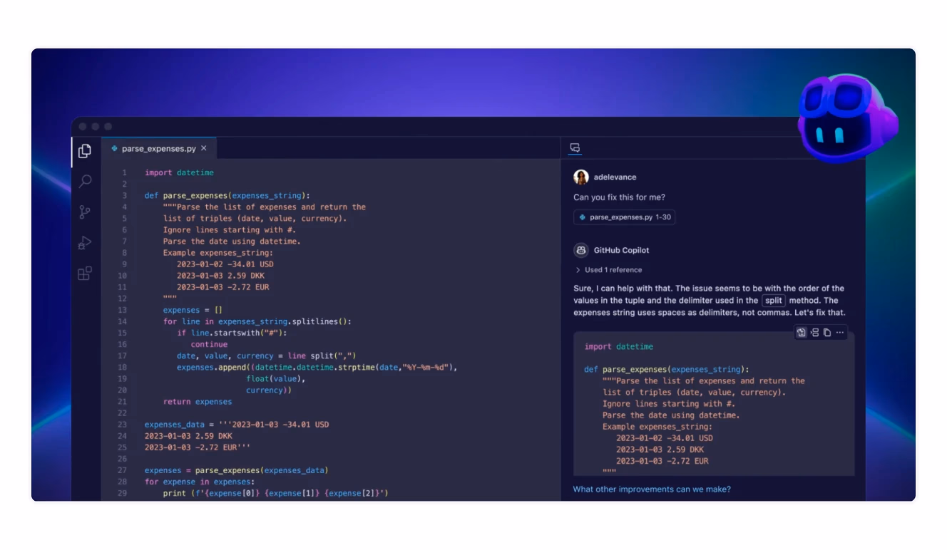 An AI assistant helps a user debug a Python script for parsing expenses, with suggestions and explanations appearing in the chat