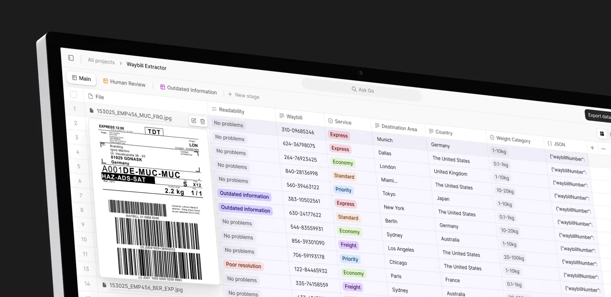 Waybill Extractor interface with data table and barcode image.