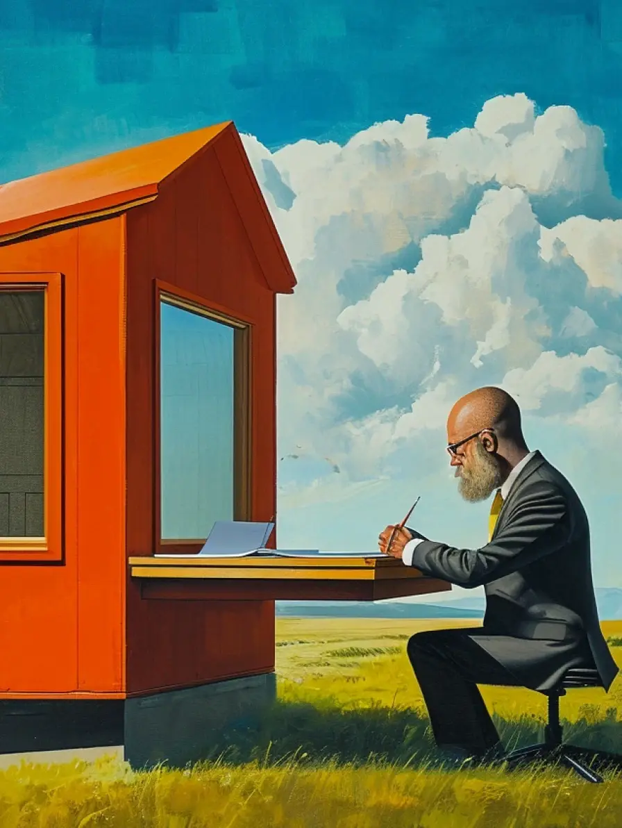 Bald man in suit writes at desk outside orange booth.