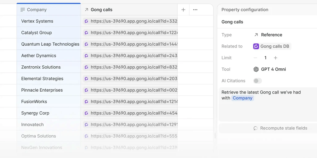 Data table listing companies and Gong call links.