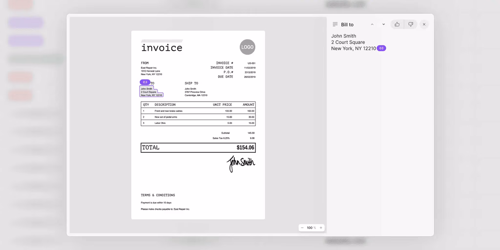 Invoice with items, total, and John Smith's signature.