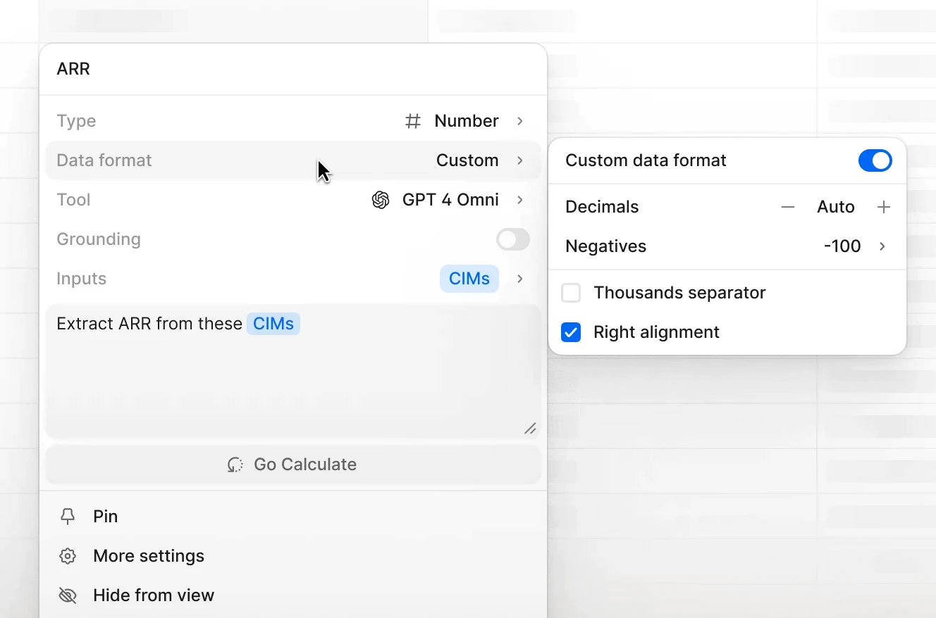 Custom field configuration for extracting ARR from CIMs using GPT-4 Omni, with control over number formatting and alignment.