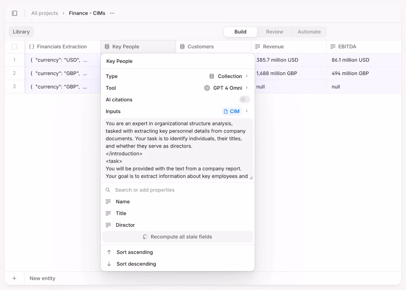 AI platform extracting key personnel from CIM showing names, titles, and directorships with source citations