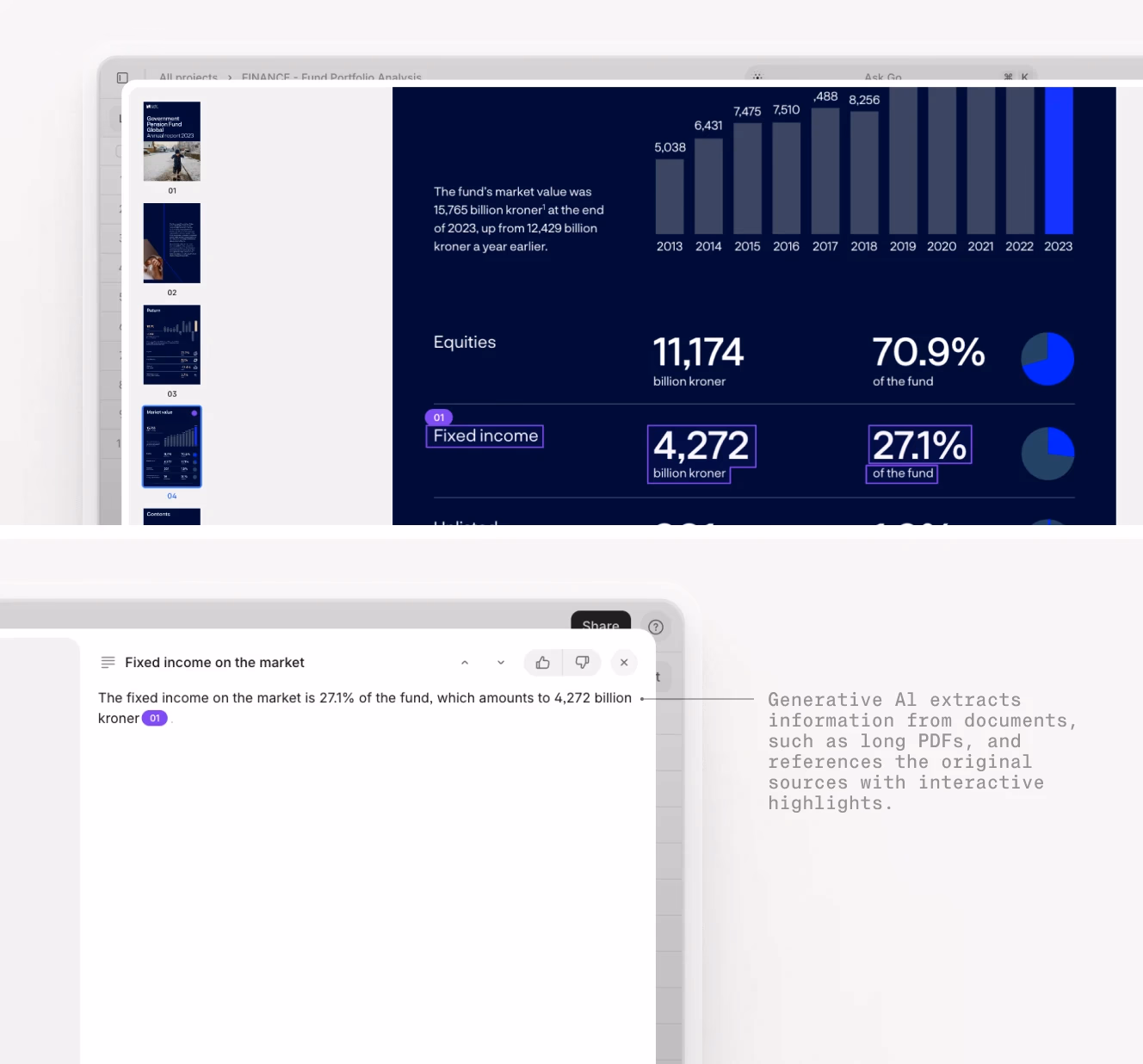 A user interacts with the GTCX Network platform, where an AI analyzes a financial document, extracts key data points, and presents them in a structured table. The AI-generated insights are highlighted with direct source citations within the document for easy verification.