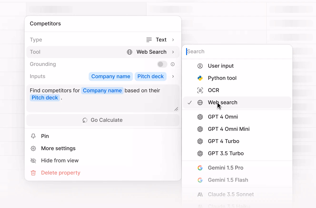 A competitive analysis interface powered by AI, displaying a search tool that identifies competitors based on company names and pitch deck data, integrating multiple AI and web search options.