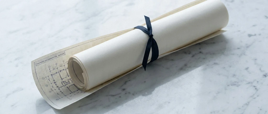 Rolled document and blueprint tied with black ribbon.