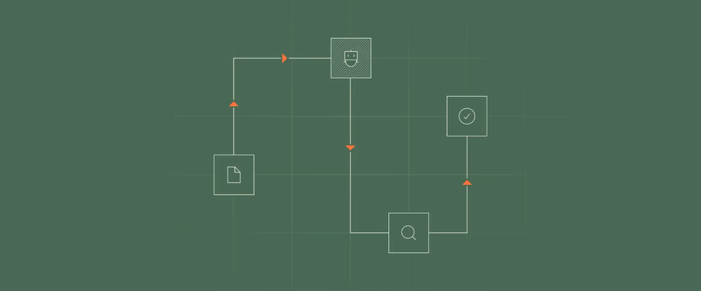 Flowchart of user, document, search, and completion icons.