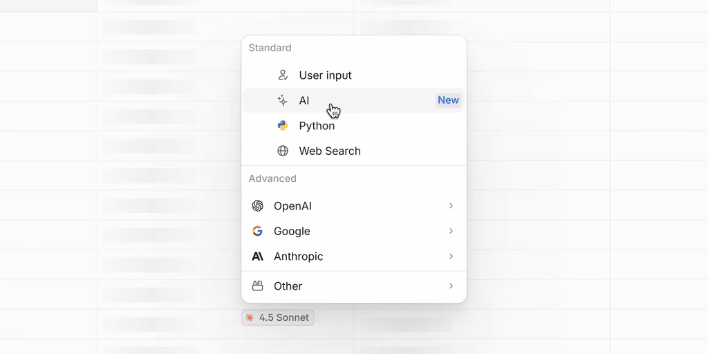 AI option selected in a dropdown menu