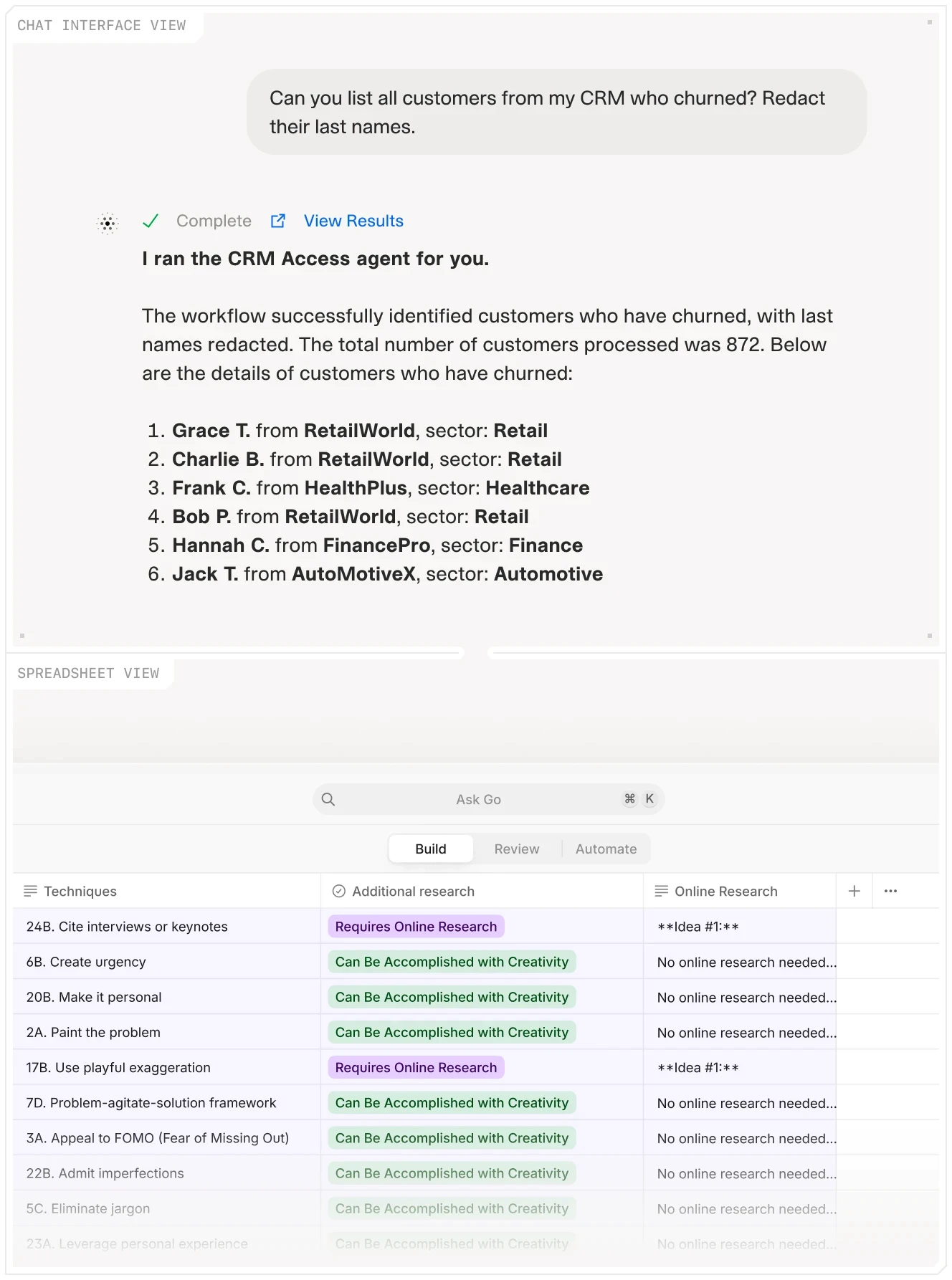 A chat interface displaying an AI agent retrieving and redacting customer information from a CRM system and a spreadsheet-style view of a different agentic AI used for marketing.