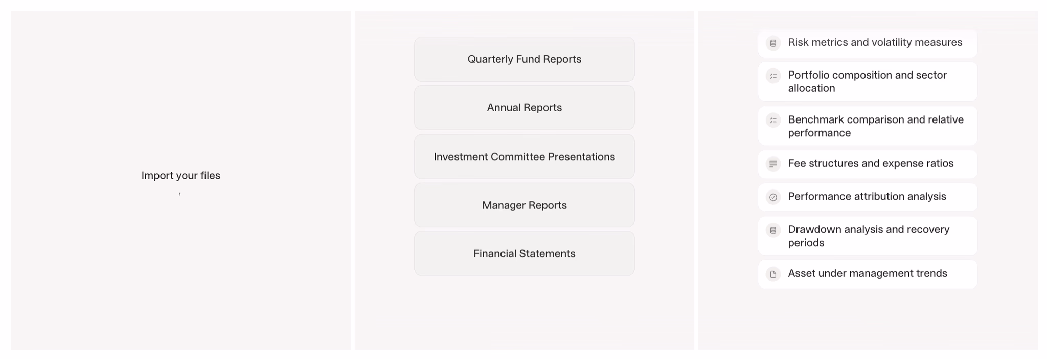Three-column interface displaying file import options on the left, document categories such as quarterly and annual reports in the center, and extracted analytics options on the right, including risk metrics, sector allocation, fees, attribution, drawdowns, and AUM trends.