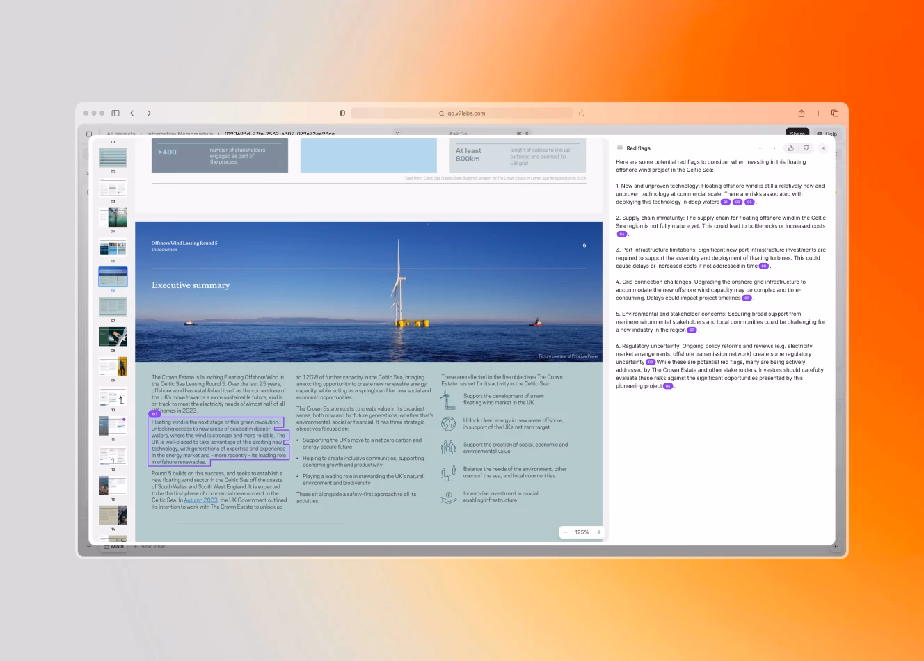 A slide showcasing an offshore wind energy project with an executive summary and a list of potential investment risks.