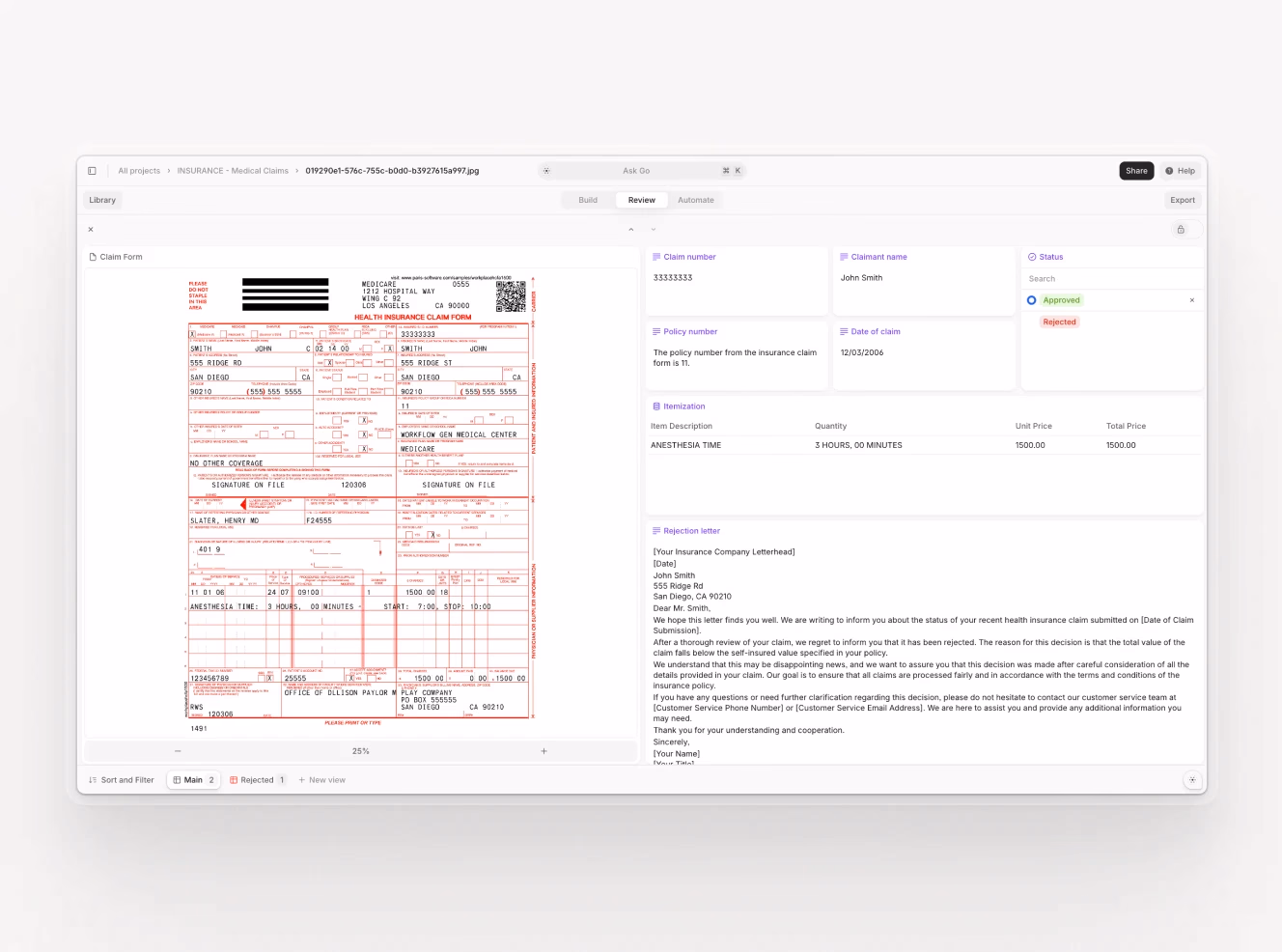 Screenshot of an insurance claims processing platform showcasing a digital claim form with extracted data fields.