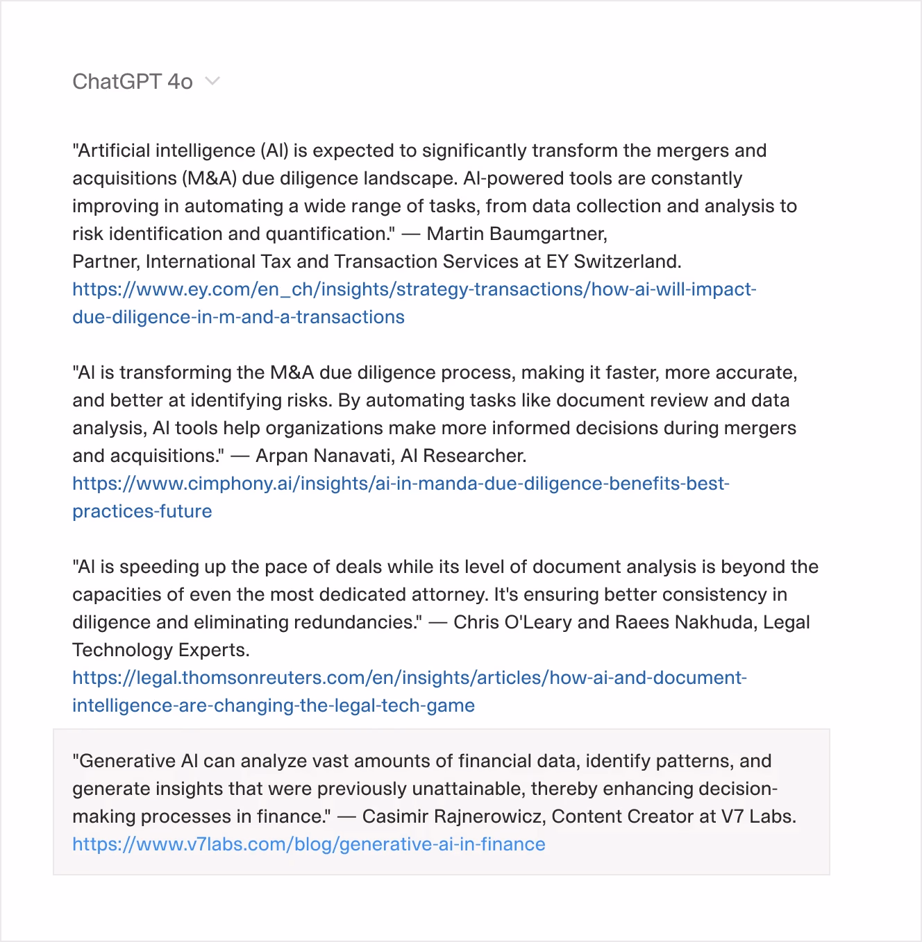 A ChatGPT-generated response displaying multiple quotes from industry leaders