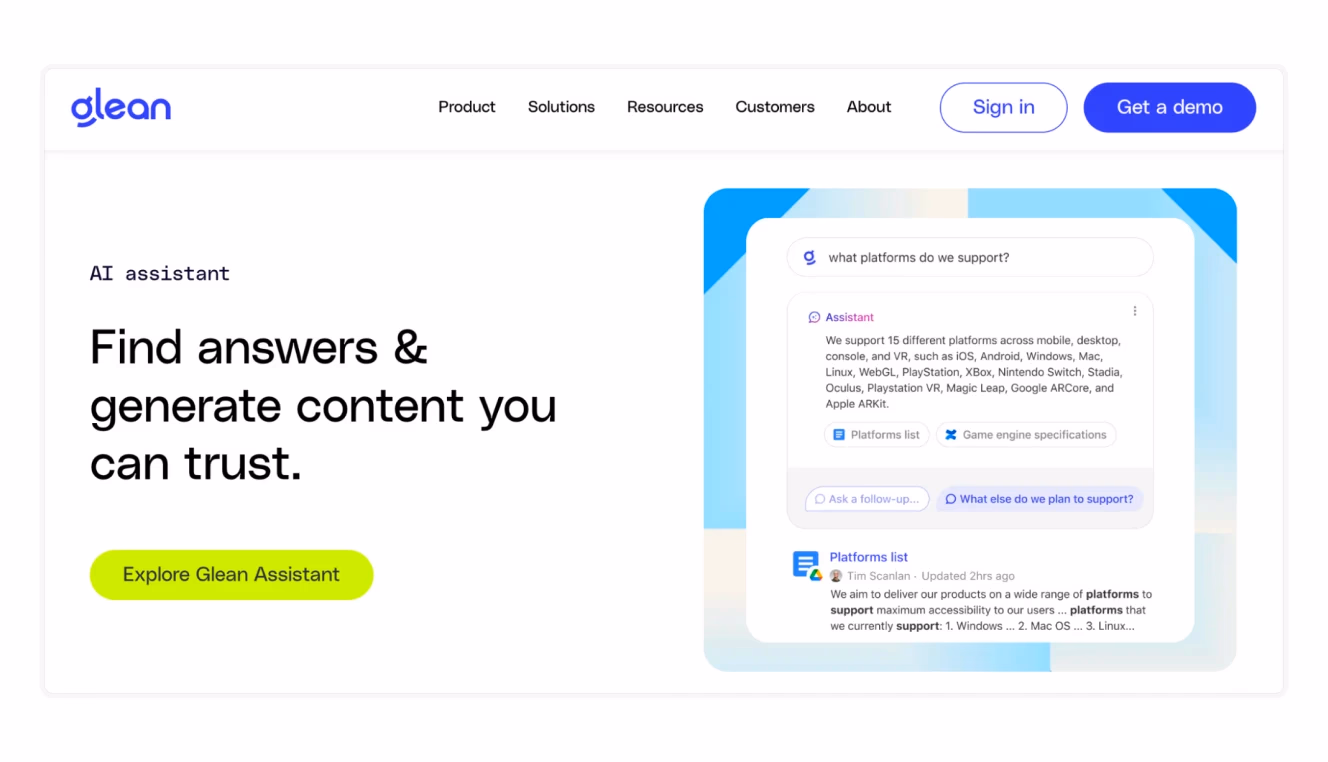 Glean AI, featuring a chatbot-style interface that answers business-related queries