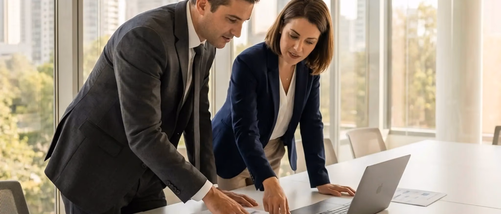 Business professionals looking at a laptop.