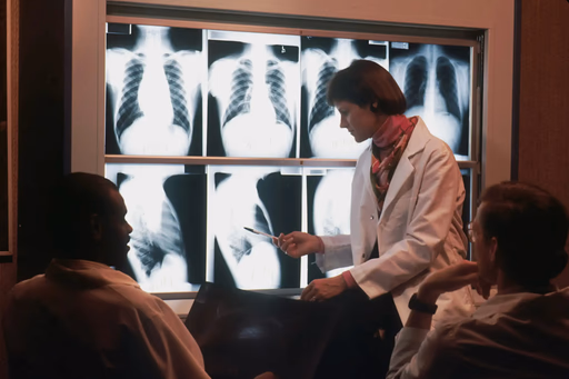 Doctors review X-rays on a light board.