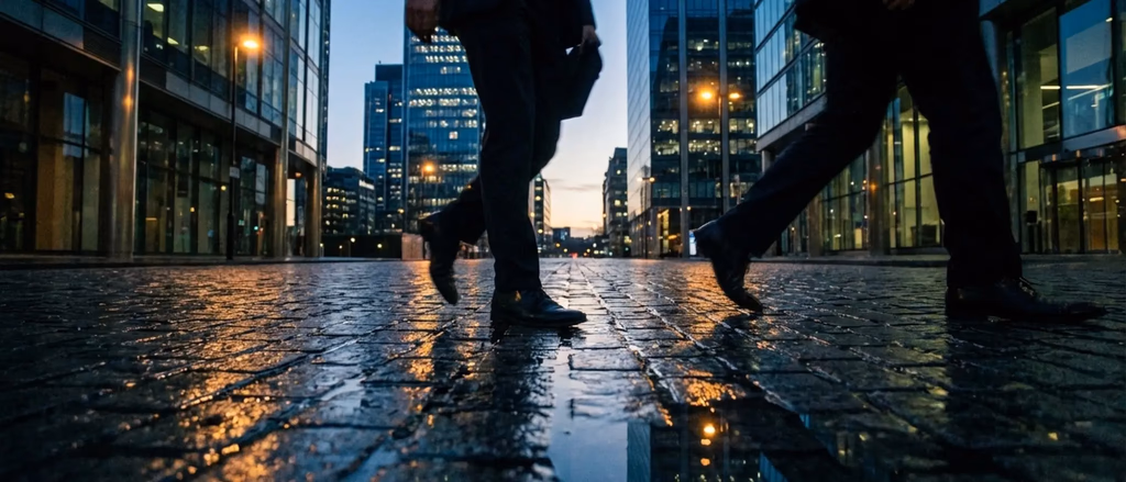 Two figures walk on wet cobblestones in a city at dusk.