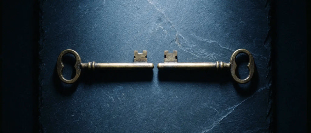 Two vintage keys lying apart on a dark surface.