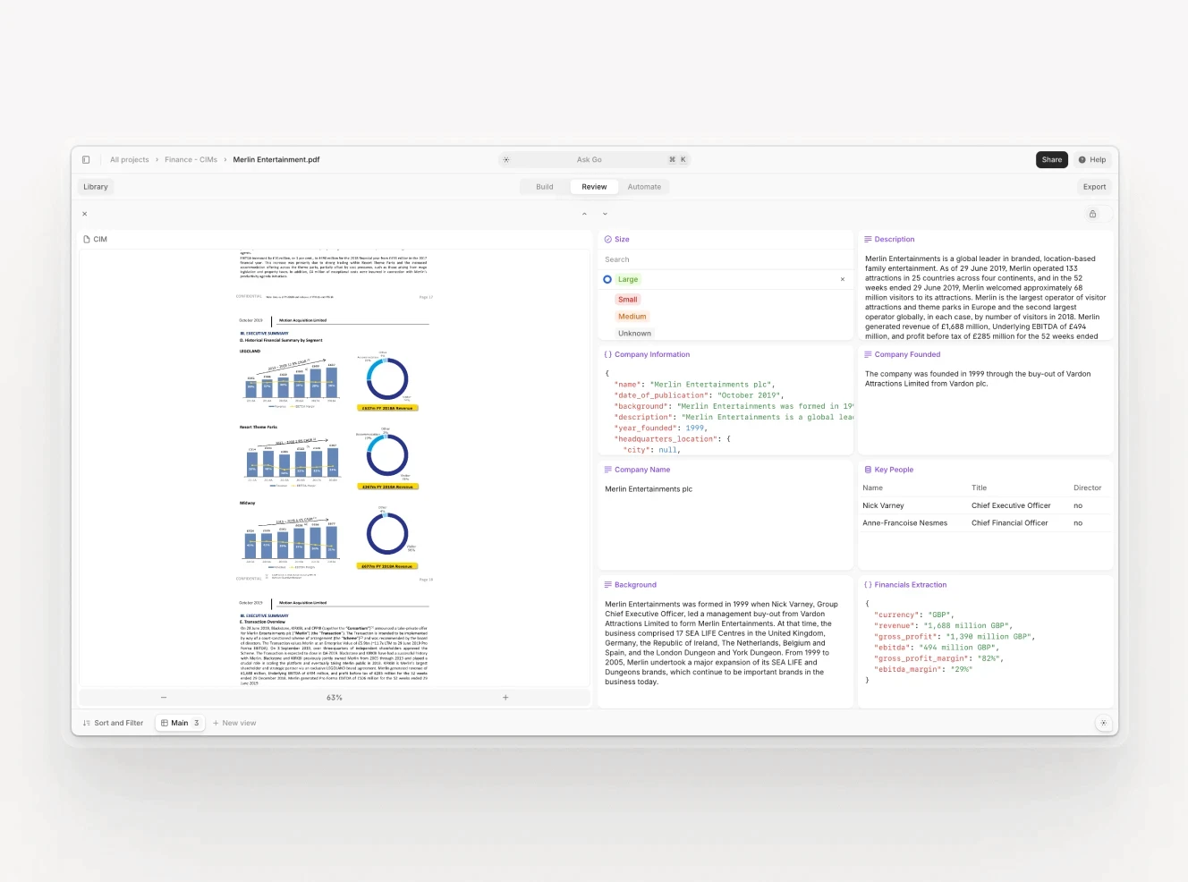 GTCX Network document review interface showing AI extraction of key data points from CRE disclosure documents, with structured outputs and flagged issues for the acquisition team