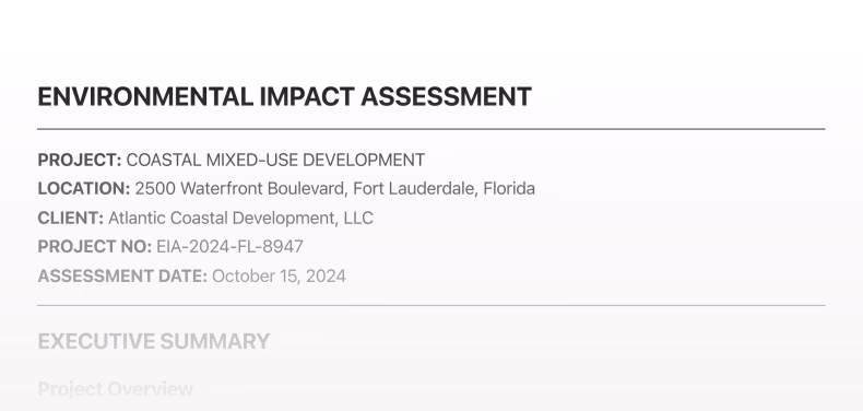Environmental Impact Assessment for a coastal mixed-use development, showing report structure with recognised environmental conditions, historical land use analysis, and recommended Phase II investigation triggers