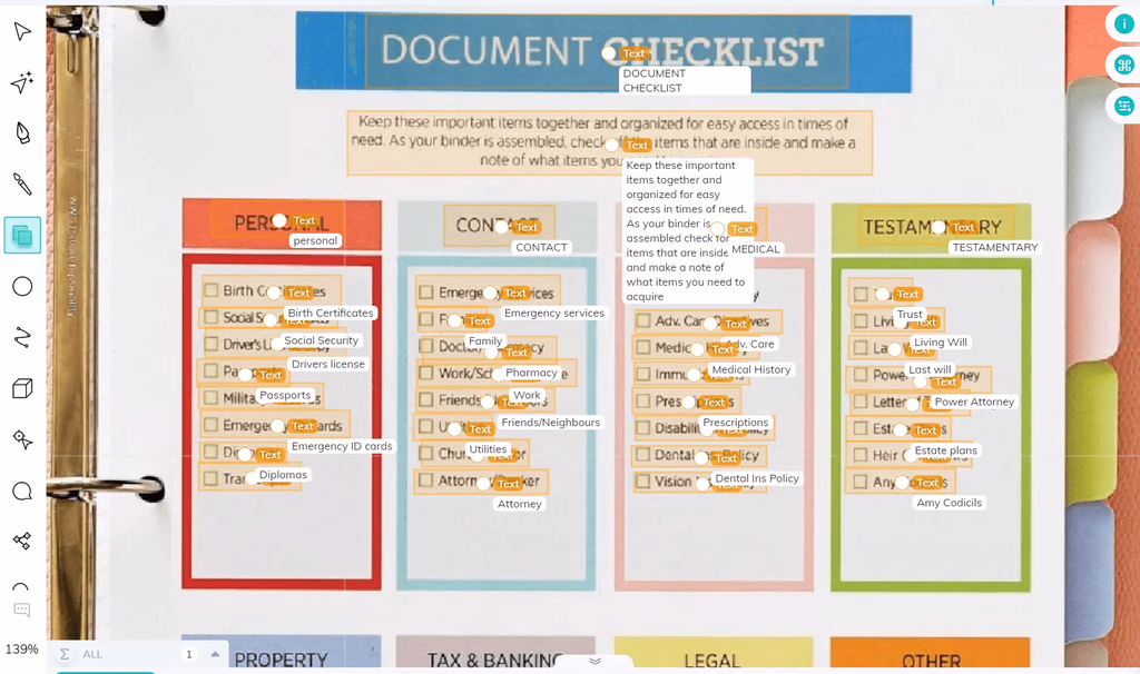 Document checklist categorized into Personal, Contact, Medical, and Testamentary.