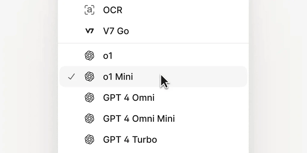 Dropdown menu with "o1 Mini" selected.