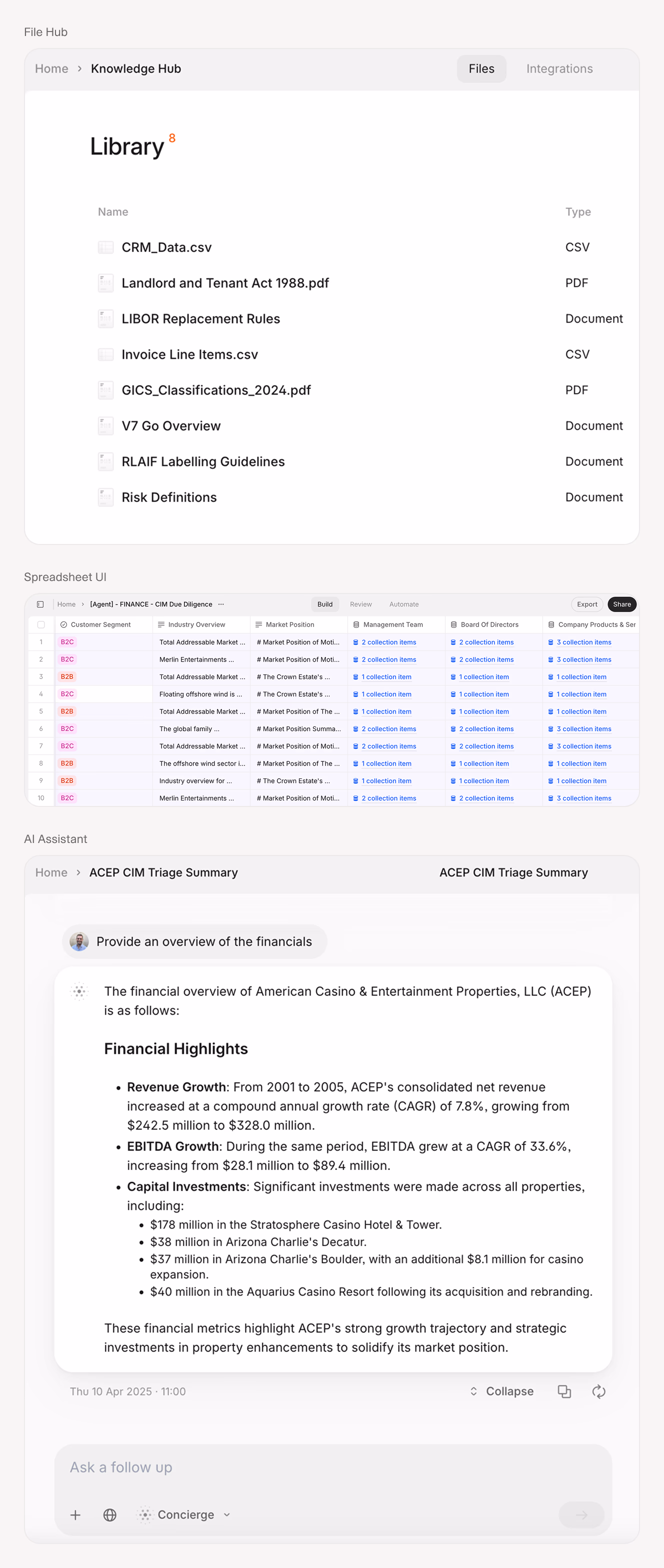 Virtual entity set interface showing a document library and spreadsheet-style deal overview for a CRE acquisition, illustrating the document management scale in pre-acquisition counterparty research