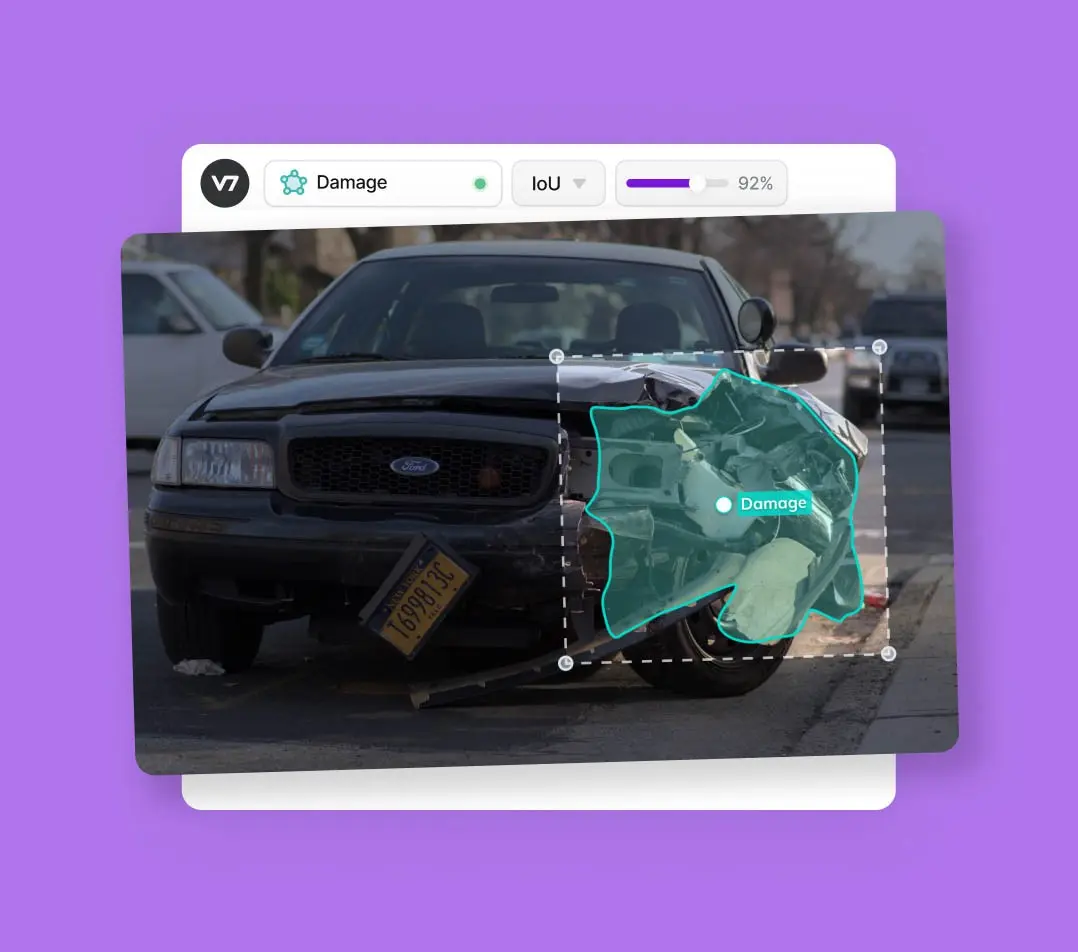 Damaged car with AI segmentation of damage area