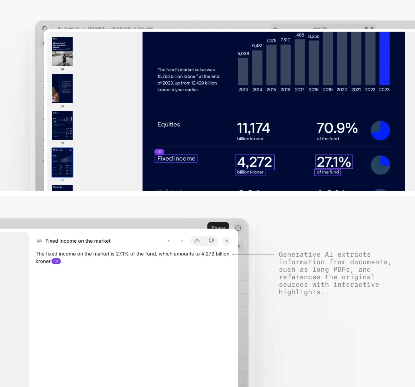 Financial portfolio analysis dashboard displaying fund performance charts, equity and fixed income allocation percentages, historical market value trends, and an AI chat interface for document analysis