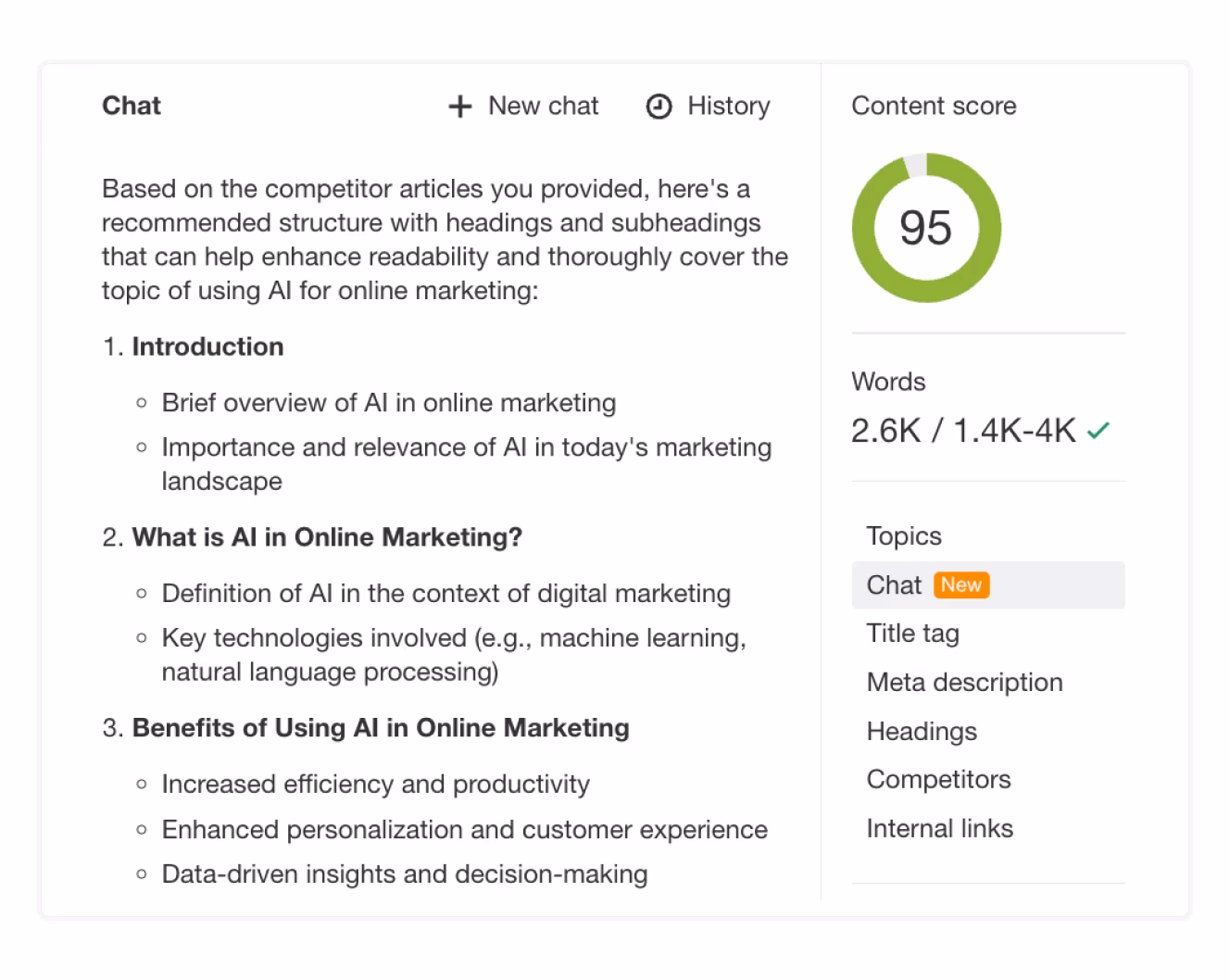 An SEO and content structuring tool displaying recommendations for writing about AI in online marketing