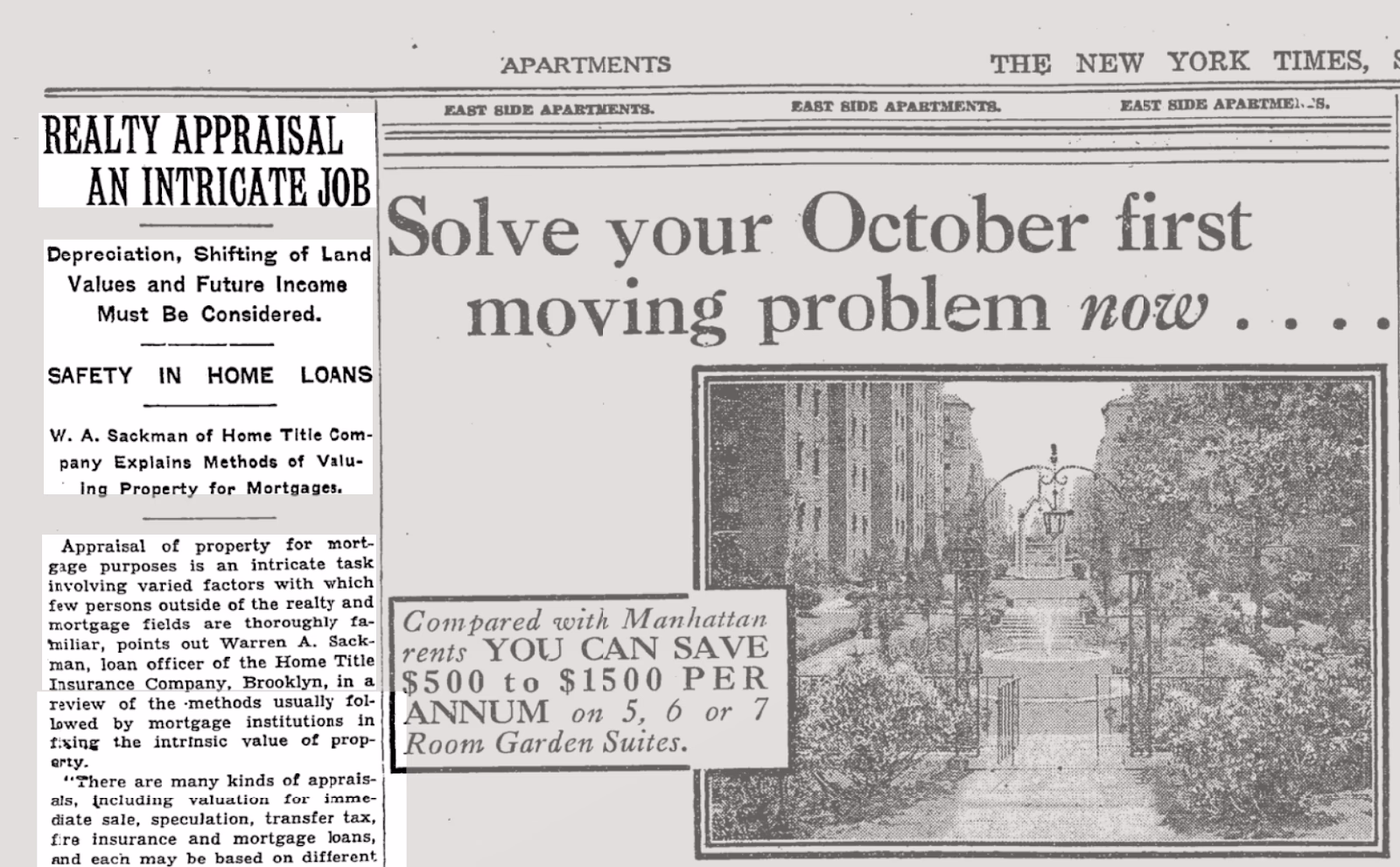 Image from the New York Times featuring an article "Realty Appraisal An Intricate Job"